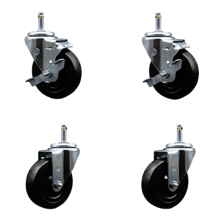 Service Caster 4'' Hard Rubber Wheel Swivel 7/16'' Grip Ring Stem Caster Set 2 Brakes, 4PK SCC-GR20S414-HRS-TLB-716138-2-S-2